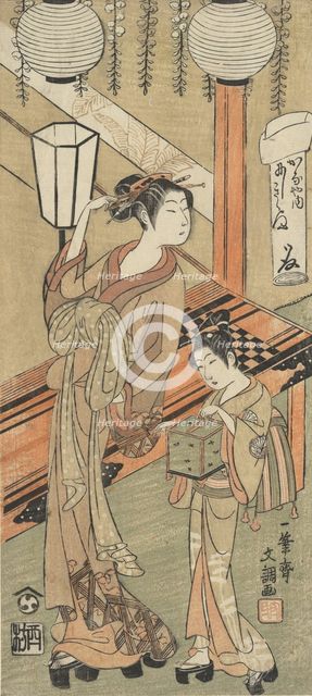 Courtesan and Attendant with a Cage of Fireflies, ca. 1770. Creator: Ippitsusai Buncho.