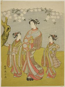 Courtesan and Attendants Parading under Cherry Tree, Japan, c. 1771. Creator: Komai Yoshinobu