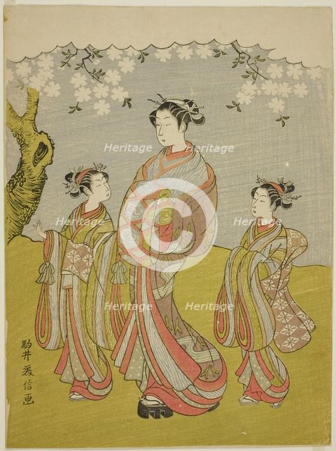 Courtesan and Attendants Parading under Cherry Tree, Japan, c. 1771. Creator: Komai Yoshinobu.