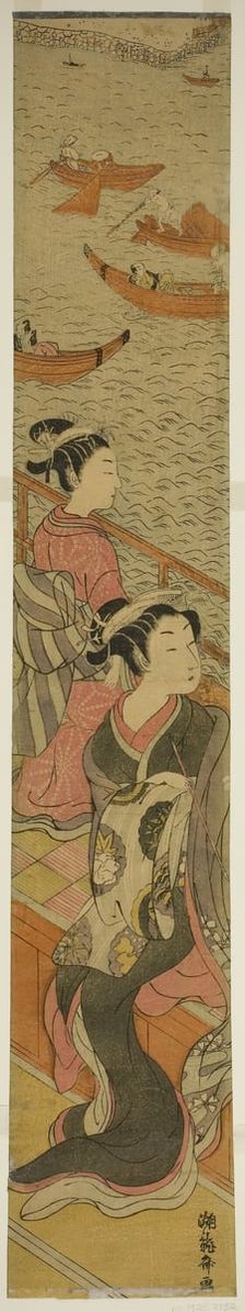 Courtesan and Her Attendant on a Balcony Overlooking River, c. 1771. Creator: Isoda Koryusai