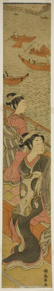 Courtesan and Her Attendant on a Balcony Overlooking River, c. 1771. Creator: Isoda Koryusai