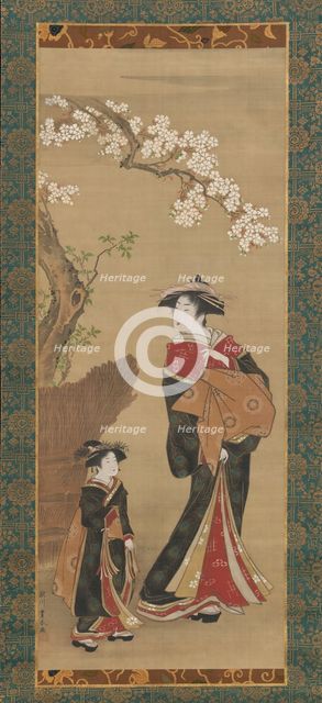 Courtesan and her Attendant under a Cherry Tree, early 19th century. Creator: Utagawa Toyoharu.
