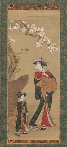 Courtesan and her Attendant under a Cherry Tree, early 19th century. Creator: Utagawa Toyoharu