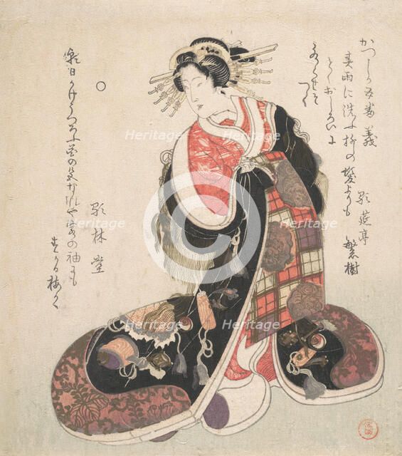 Courtesan Dressed in an Elaborate Gown Embroidered with Emblems of Good Luck, ca. 1800. Creator: Kubo Shunman.