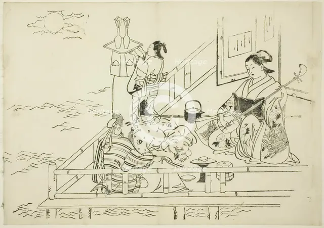Courtesan entertaining Daikoku and Fukurokuju, no. 10 from a series of 12 prints, c. 1708. Creator: Okumura Masanobu.