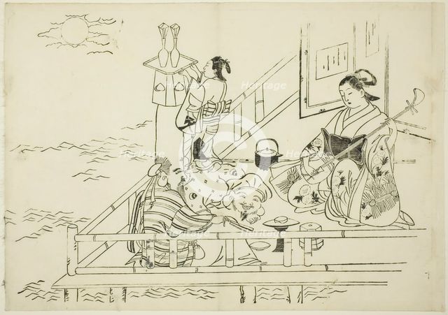 Courtesan entertaining Daikoku and Fukurokuju, no. 10 from a series of 12 prints, c. 1708. Creator: Okumura Masanobu.