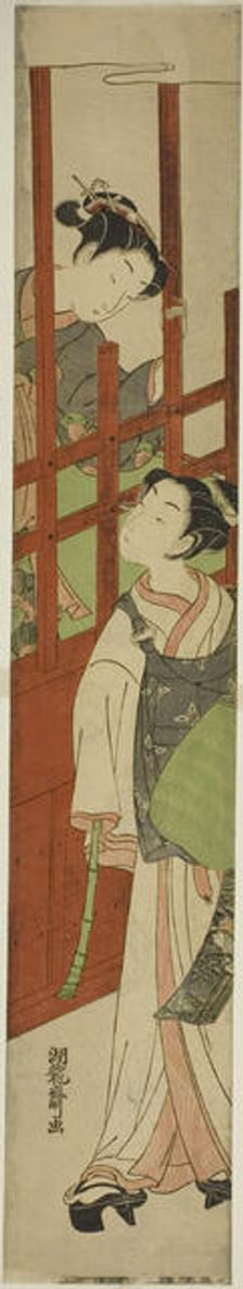 Courtesan Looks Down at Youth Dressed as Mendicant Monk, c. early 1770s. Creator: Isoda Koryusai