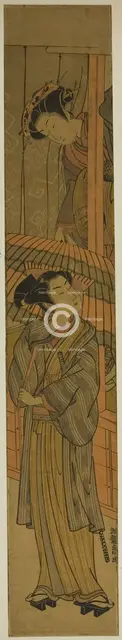 Courtesan Pulling a Young Man's Umbrella (parody of Rashomon), c. 1773. Creator: Isoda Koryusai.