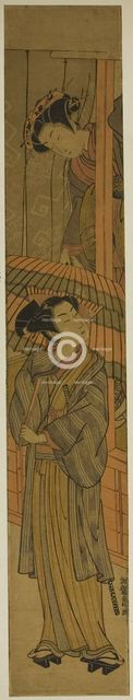 Courtesan Pulling a Young Man's Umbrella (parody of Rashomon), c. 1773. Creator: Isoda Koryusai.