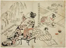 Courtesan Painting a Screen, from a series of 12 erotic prints, c. 1711. Creator: Torii Kiyonobu I