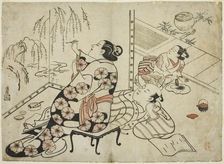 Courtesan Painting a Screen, from a series of 12 erotic prints, c. 1711. Creator: Torii Kiyonobu I