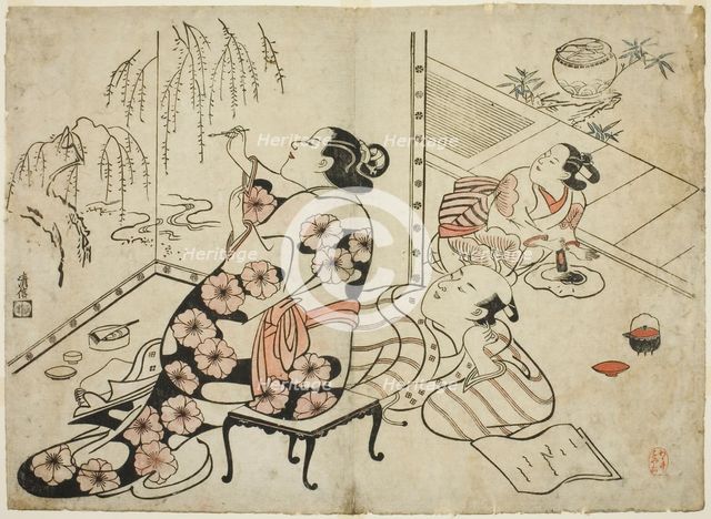 Courtesan Painting a Screen, from a series of 12 erotic prints, c. 1711. Creator: Torii Kiyonobu I.