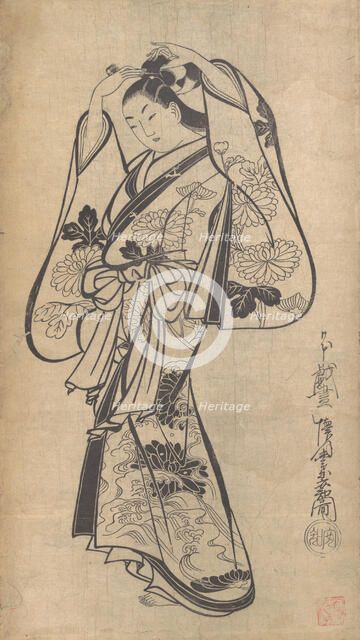 Courtesan Placing a Hairpin in Her Hair, ca. 1714., ca. 1714. Creator: Kaigetsudô Anchi.