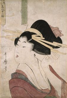 Courtesan placing a pin in her hair (without an inscription in the partially unrolled scroll), 1794. Creator: Kitagawa Utamaro