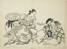 Courtesan Plying Shojo with Sake, no. 4 from a series of 12 prints, c. 1708. Creator: Okumura Masanobu