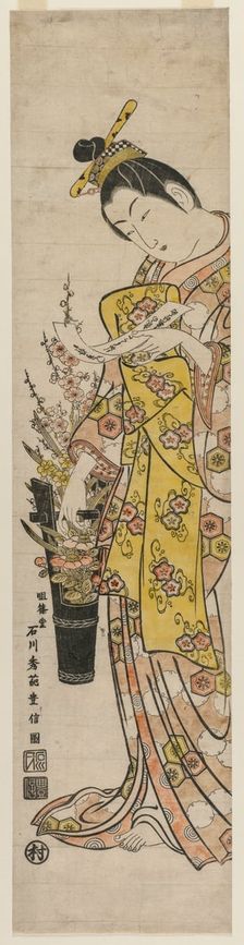 Courtesan Reading a Poem Slip Tied to Flowers in a Vase, mid-1740s. Creator: Ishikawa Toyonobu (Japanese, 1711-1785)