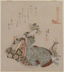 Courtesan Reading Beside a Potted Plum Tree..., early 1820s. Creator: Yashima Gakutei (Japanese, 1786(?)-1868)
