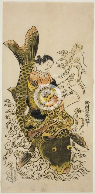 Courtesan Riding a Carp (parody of the Daoist Immortal Kinko [Chinese: Qin Gao]), c. 1730s. Creator: Nishimura Shigenaga.
