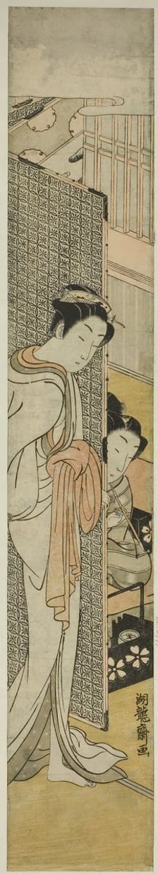 Courtesan Standing Behind Screen and Young Man Smoking, c. 1771. Creator: Isoda Koryusai