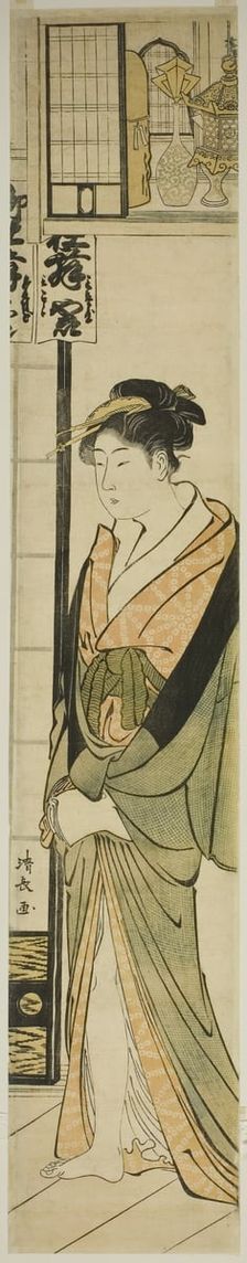 Courtesan Standing Beneath a Shelf for Talismans, c. 1783. Creator: Torii Kiyonaga