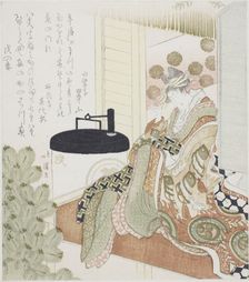 Courtesan sitting on a veranda next to a lantern, 1814. Creator: Totoya Hokkei