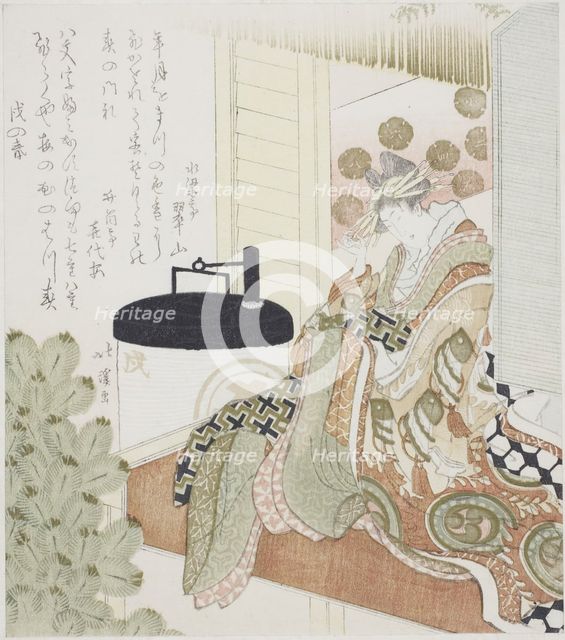 Courtesan sitting on a veranda next to a lantern, 1814. Creator: Totoya Hokkei.
