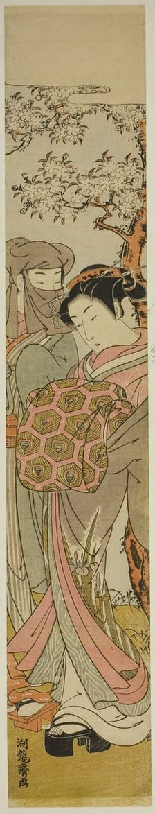 Courtesan Walking with Veiled Man under Cherry Tree, c. 1772. Creator: Isoda Koryusai
