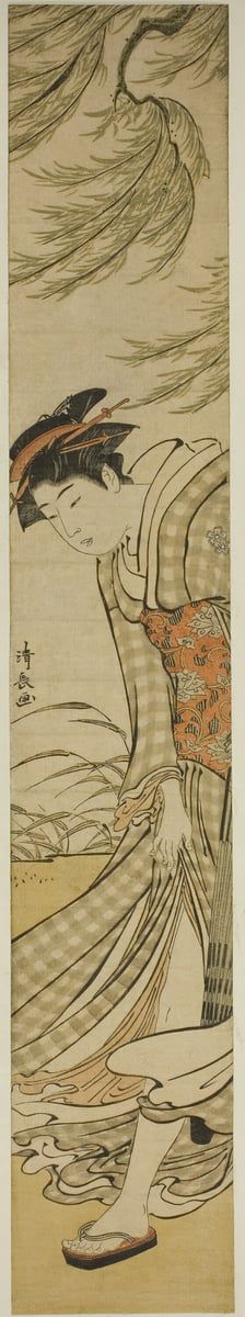 Courtesan Walking Under a Willow Tree on a Breezy Day, c. 1783. Creator: Torii Kiyonaga