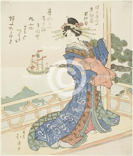Courtesan watching foreign ship from balcony, c. 1818/44. Creator: Totoya Hokkei.