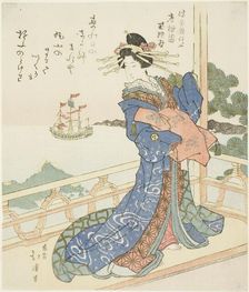 Courtesan watching foreign ship from balcony, c. 1818/44. Creator: Totoya Hokkei