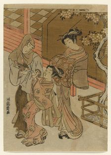 Courtesan Watching her Attendant Detain Hooded Man, c. 1772. Creator: Isoda Koryusai