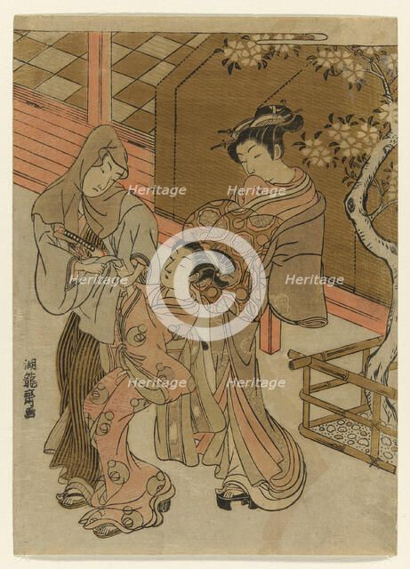Courtesan Watching her Attendant Detain Hooded Man, c. 1772. Creator: Isoda Koryusai.