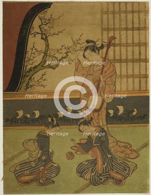 Courtesan Watching Her Attendants Playing with a Ball, c. 1765/70. Creator: Suzuki Harunobu.