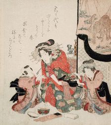 Courtesan with Kamuro and Small Boy, c1830. Creator: Ikeda Eisen