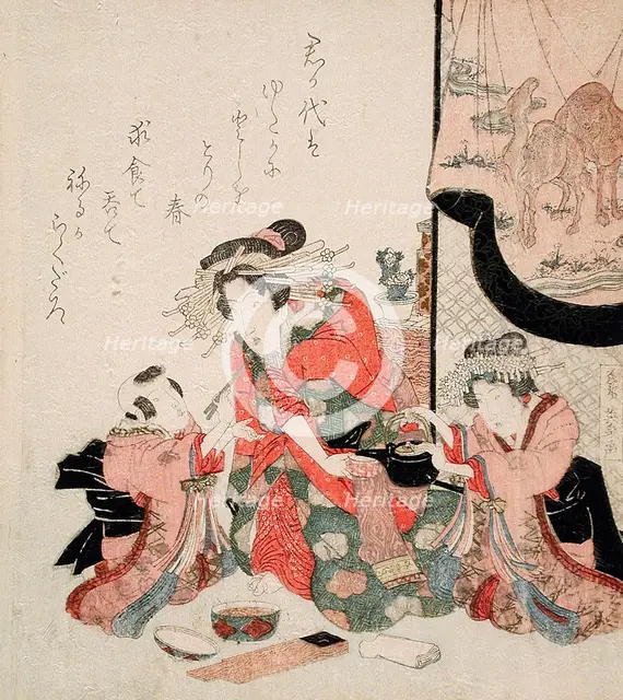 Courtesan with Kamuro and Small Boy, c1830. Creator: Ikeda Eisen.