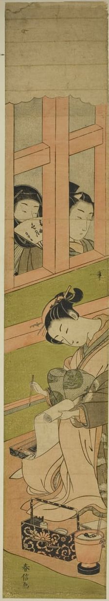 Courtesan Writing a Letter as Two Men Watch through a Window Lattice, c. 1769/70. Creator: Suzuki Harunobu