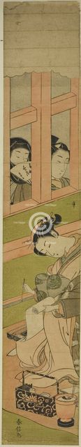 Courtesan Writing a Letter as Two Men Watch through a Window Lattice, c. 1769/70. Creator: Suzuki Harunobu.