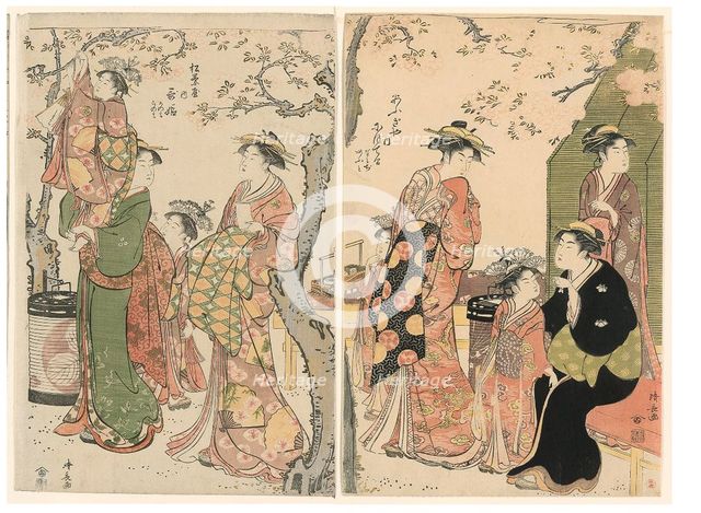 Courtesans and Their Child Attendants under Blossoming Cherry Trees, 1785. Creator: Torii Kiyonaga.