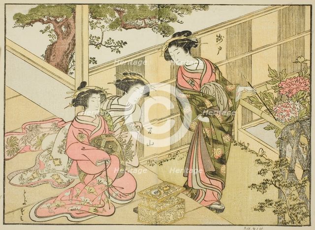 Courtesans of the Chojiya, from the book "A Comparison of Beauties of the Green Houses..., 1776. Creator: Shunsho.