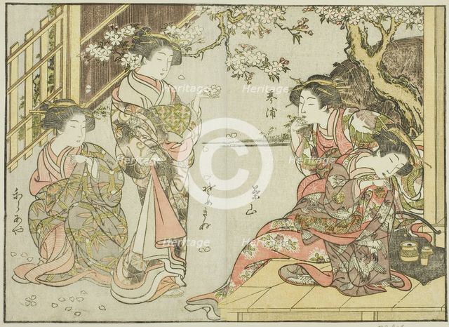 Courtesans of the Asahimaruya, from the book "Mirror of Beautiful Women of the Pleasure..., 1776. Creator: Shunsho.