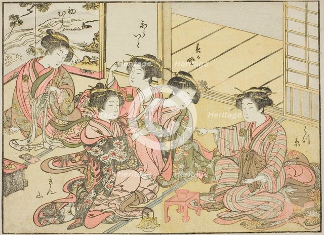 Courtesans of the Gakuiseya, from the book "Mirror of Beautiful Women of the Pleasure..., 1776. Creator: Shunsho.