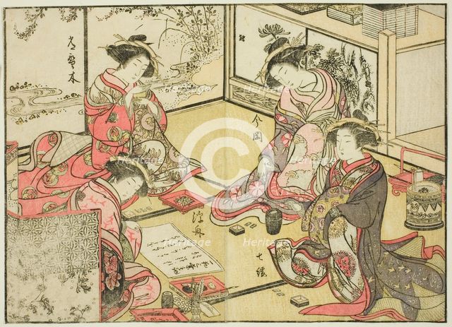 Courtesans of the Kadokaneya, from the book "Mirror of Beautiful Women of the Pleasure..., 1776. Creator: Shunsho.