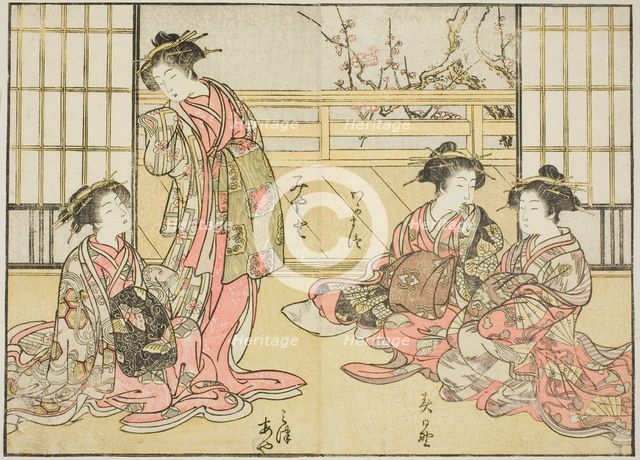 Courtesans of the Kadotamaya, from the book "Mirror of Beautiful Women of the Pleasure..., 1776. Creator: Shunsho.