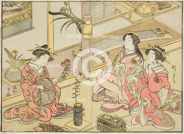 Courtesans of the Kadotsutaya, from the book "Mirror of Beautiful Women of the Pleasure..., 1776. Creator: Shunsho.