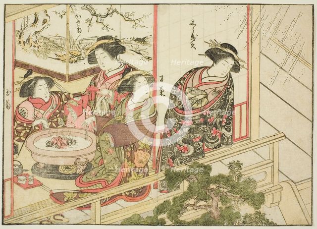 Courtesans of the Kiribishiya, from the book "Mirror of Beautiful Women of the Pleasure..., 1776. Creator: Shunsho.
