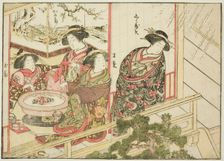 Courtesans of the Kiribishiya, from the book "Mirror of Beautiful Women of the Pleasure..., 1776. Creator: Shunsho