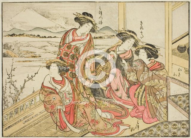 Courtesans of the Obishiya, from the book "Mirror of Beautiful Women of the Pleasure..., 1776. Creator: Shunsho.