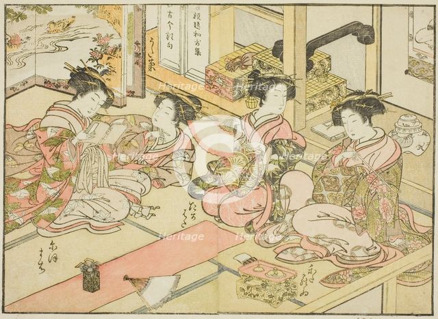 Courtesans of the Ogiya, from the book "Mirror of Beautiful Women of the Pleasure Quarters..., 1776. Creator: Shunsho.