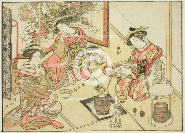 Courtesans of the Okaneya, from the book "Mirror of Beautiful Women of the Pleasure..., 1776. Creator: Shunsho.