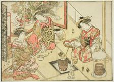 Courtesans of the Okaneya, from the book "Mirror of Beautiful Women of the Pleasure..., 1776. Creator: Shunsho